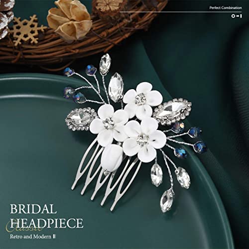 Catery Flower Bride Wedding Hair Comb Silver Small Side Comb Blue Crystal Hair Piece Jewelry Accessories for Women and Girls | Floral Wedding Headpiece Silver Crystal Hair Clips for Bridesmaid Bride Hair Accessory for Prom