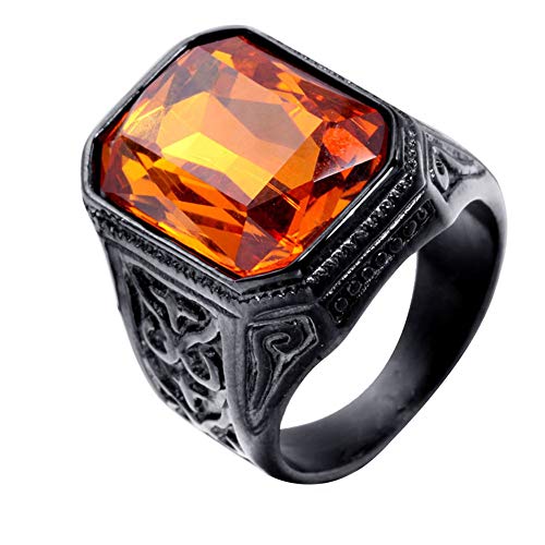 PAURO Promise Rings with Big Stone | Men's Stainless Steel, Vintage Wedding Promise Ring with Big Stone - color: Black Orange