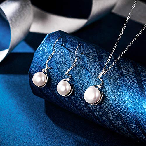 EleQueen 925 Sterling Silver CZ Freshwater Cultured Pearls Bridal Pendant Necklace Earrings Wedding Jewelry Sets, Valentine's Day/Mother's Day/Christmas Gift - style: Pearl Necklace Sets