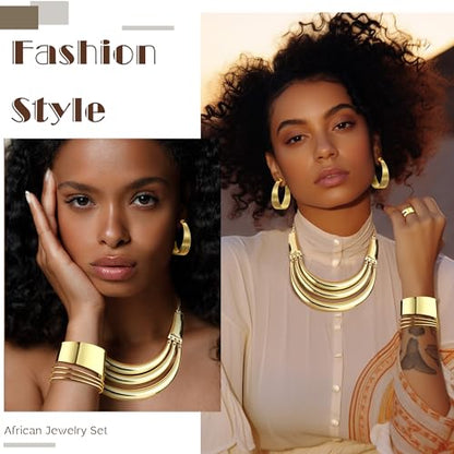 JOERICA Bib Choker Necklace Silver Gold Jewelry Set Wide Cuff Bangle Bracelet Open Hoop Earrings Adjustable Ring Chunky Silver Gold Statement Costume Jewelry Set for Women - color: Gold Tone
