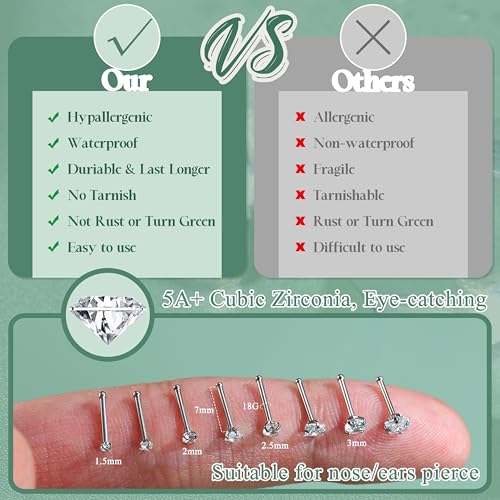 Jstyle 18G 20G Nose Rings Stud for Women Men Silver/Gold Nose Studs 8Pcs | Hypoallergenic 316L Stainless Steel Nose Rings for Sensitive Skin, 1.5/2/2.5/3MM Cubic Zirconia Nose Piercing Jewelry - color: Silver Plated-18G