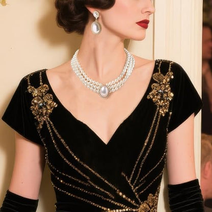 Vintage 1920s Costume Jewelry Multilayer Imitation Pearls Shiny Strand Choker Necklace Large Dangle Earrings for Women Wedding Halloween Cosplay Party Prom Accessories - style: Dangle