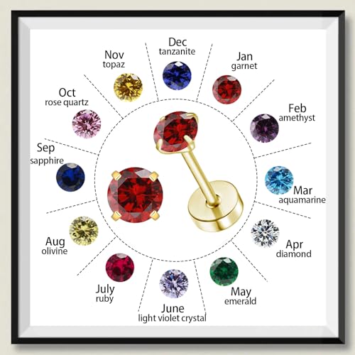 Flatback CZ Helix Earrings for Women Girls,3mm Tiny Screw Back Birthstone Stud Earrings Cartilage Tragus Piercing Jewelry Gift