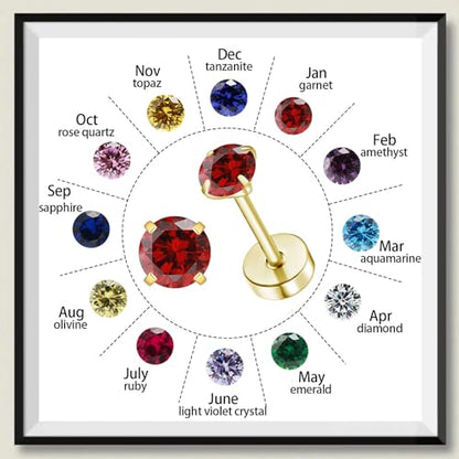 Flatback CZ Helix Earrings for Women Girls,3mm Tiny Screw Back Birthstone Stud Earrings Cartilage Tragus Piercing Jewelry Gift