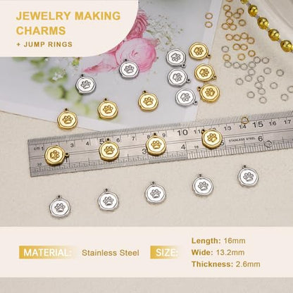 20pcs Stainless Steel Jewelry Making Charm Set Paw Charm Pendant for Women Necklace Bracelet DIY Bulk Charms - color: Paws Gold Silver