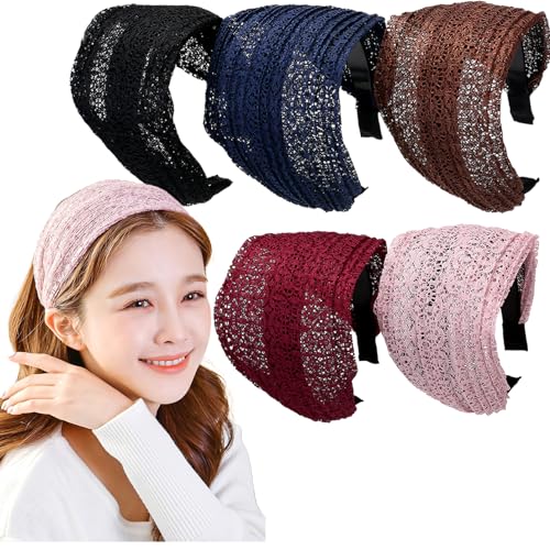 LONEEDY 5 Pack Wide Hard Headband with Teeth for Women, Girls’s Hair Band Pleated Cloth Fabric Hair Hoop Accessories (Mixed colors E) - color: Mixed colors E