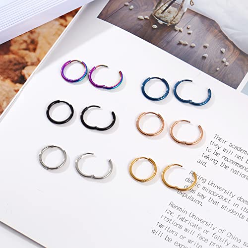 Osayia 316L Surgical Stainless Steel Small Hoop Earrings 8mm 10mm 12mm Hypoallergenic Huggie Thin Hoop Earrings Helix Lobes Hinged Sleeper Earrings Men Women for Cartilage Piercings - color: C: Diameter 12mm (6 Color),6 Pairs