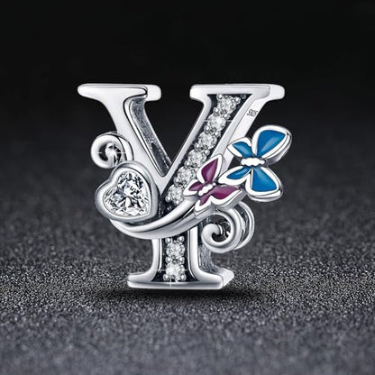 S925 Silver Butterfly Initial Letter Charms Fit for Pandora Charms Bracelets and Necklace Alphabet Bead Charms Jewelry Gifts for Women - color: Y