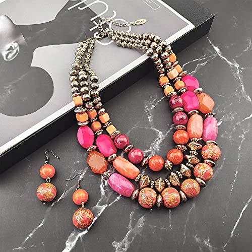 Bocar 3 Layer Chunky Statement Beaded Necklace and Earrings Set, Fashion Multi Layer Women Collar Necklace Jewelry Set - color: Orange