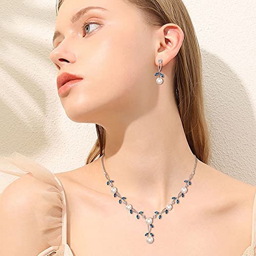 EVER FAITH Cubic Zirconia Pearl Leaf Vine Wedding Jewelry Set for Bride | Crystal Filigree Bridal Necklace Earrings, for Women Bridesmaid - color: 2pcs_Sky Blue Silver-Plated-Brass