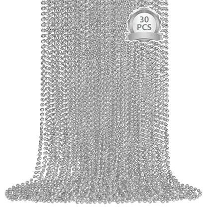SHAOQINLIN 30 PCS Silver Mardi Gras Beads, 33" Silver Christmas Necklace, Metallic Patriotic Beads Necklaces, Parade Throws Accessories for Christmas Independence Day New Year Party Favors - color: Silver
