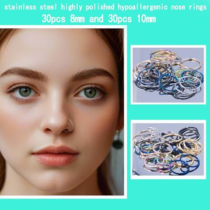 180Pcs 20G Surgical Stainless Steel Nose Rings Hoops Straight/L Shapes Nose Studs 2.0/2.5/3.0mm Cubic zirconia Hypoallergenic Nose Studs Silver Gold Rose Gold Black Rainbow Blue Lip Rings Nose Rings Piercing Jewelry Set for Women Men - style: B:Hoops &I S