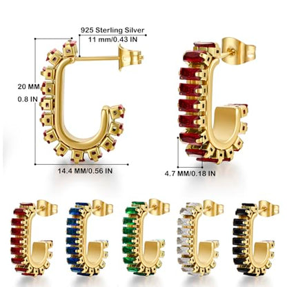Green Crystal huggie gold hoop earrings for women Girls,14K Gold Plated with 925 Sterling Silver Post color Cubic Zirconia dainty cute Earrings| CZ Stud Earring - color: Red stone