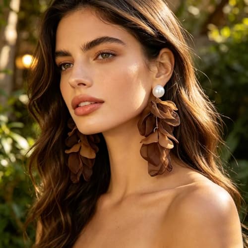 Handmade Bohemian Lightweight Fabric Flower Dangle Drop Earrings Chic Pearl Large Tassel Petal Stud Earrings For Women - color: Brown