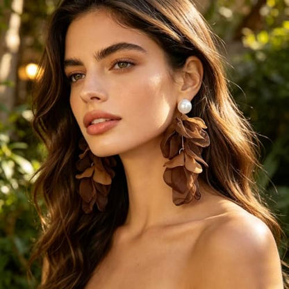 Handmade Bohemian Lightweight Fabric Flower Dangle Drop Earrings Chic Pearl Large Tassel Petal Stud Earrings For Women - color: Brown