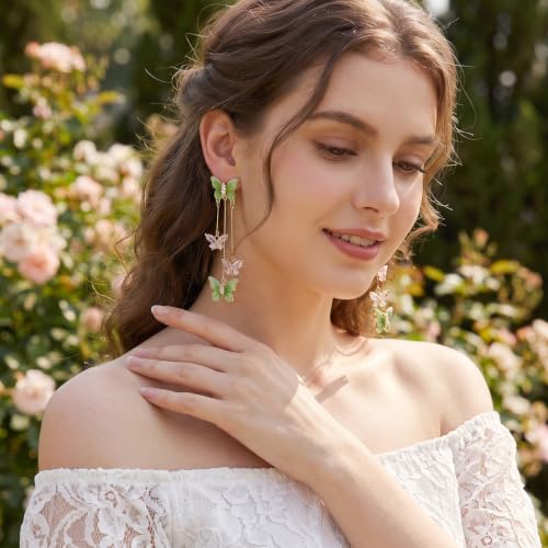Purple Butterfly Tassel Earrings for Women Crystal Rhinestone Drop Earrings Animal Drop Dangle Charm Earrings - color: G-Green