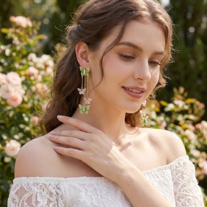 Purple Butterfly Tassel Earrings for Women Crystal Rhinestone Drop Earrings Animal Drop Dangle Charm Earrings - color: G-Green