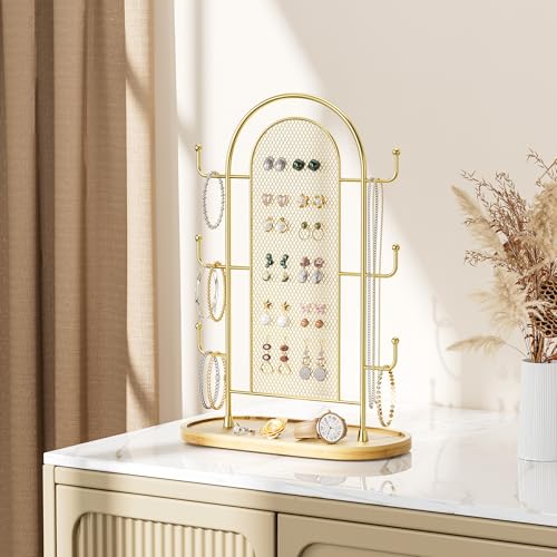 bussdis Jewelry Holder Organizer Earring Display - Earring Storage Tree Stands Towers With 6 Hooks 300 Studs Wood Tray Gold Metal Rack - color: Gold