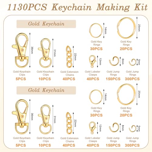 BESARME 1130PCS Keychain Making Kit Jump Rings for Jewelry DIY Key Chain Supplies with Keyrings Bulk, Metal Lobster Claw Clasp, Swivel Snap Hook, Extender Chain for Crafts Accessories（Gold） - color: Gold