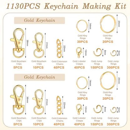 BESARME 1130PCS Keychain Making Kit Jump Rings for Jewelry DIY Key Chain Supplies with Keyrings Bulk, Metal Lobster Claw Clasp, Swivel Snap Hook, Extender Chain for Crafts Accessories（Gold） - color: Gold