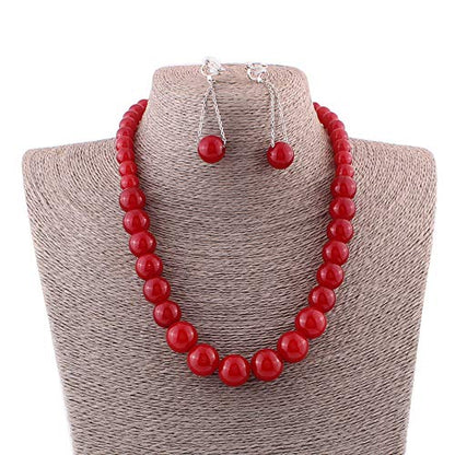 Handmade Faux Pearl Necklace and Clip on Earrings Jewelry Sets for Women Bib Choker Collar Necklace - color: Red-Necklace+Tassel Clip Earrings