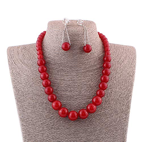 Handmade Faux Pearl Necklace and Clip on Earrings Jewelry Sets for Women Bib Choker Collar Necklace - color: Red-Necklace+Tassel Clip Earrings