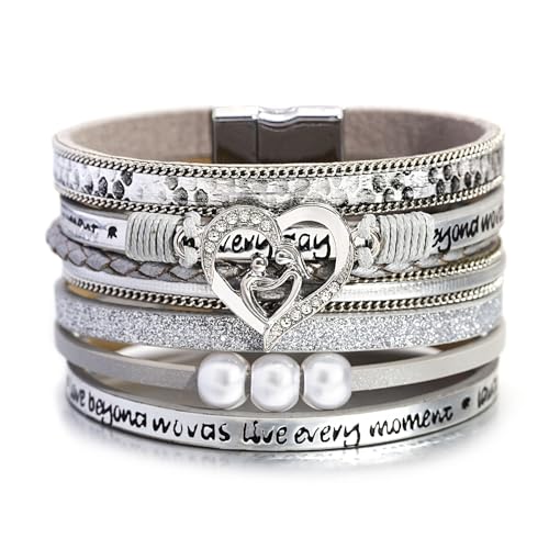 hotoo Leather Wrap Bracelet for Women Beaded Cuff Bracelet with Heart-shape Decor Bohemian Crystal Bracelet Jewelry with Clasp Bangle Bracelet for Women Girls Birthday Holiday Gift