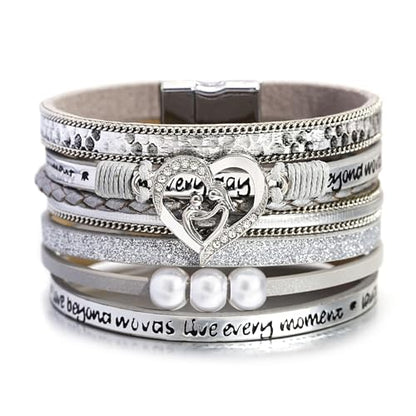 hotoo Leather Wrap Bracelet for Women Beaded Cuff Bracelet with Heart-shape Decor Bohemian Crystal Bracelet Jewelry with Clasp Bangle Bracelet for Women Girls Birthday Holiday Gift