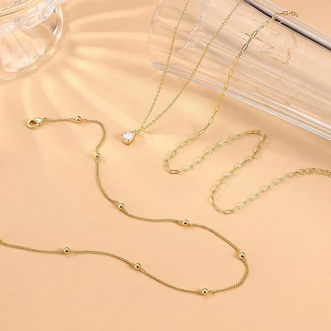 Gold Layered Necklaces for Women, 14K Gold Plated Paperclip Snake Chain Necklace Set, Dainty Coin Cross Tear Pendant Layering Choker Necklaces, Simple Trendy Stackable Jewelry Gifts - color: 3PCS / CZ & 2 Chains