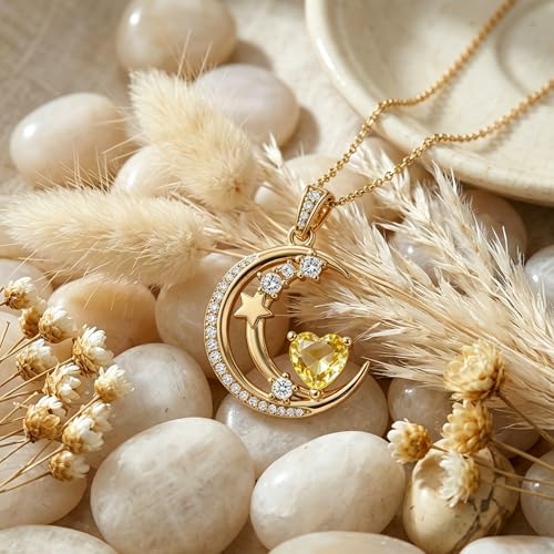 Midari 18K Gold Moon Star Necklace Moon Star Pendant Necklace with 12 Months Birthstones Moons Jewelry Gifts for Women Mom Her - color: 11-November