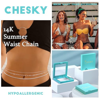 CHESKY 14K Gold Plated Waist Chain for Women, Layered Waist Beads | Silver Plated Gold Body Chains, Beach Summer, Waterproof Snake Belly Belt Chain, Festival Jewelry Accessories for Women - style: 3layer-sl