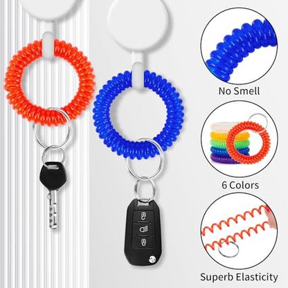 QIUTIMIY 6PCS Wristlet Keychain, Colorful Spiral Coil Hair Tie for Women, Sauna Accessaries Wrist Coil Key Ring Key Holder - color: T Colorful-s