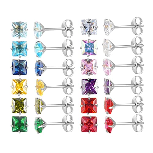 12 Pairs Surgical Stainless Steel Stud Earring Round Heart Star Square Cubic Zirconia Birthstone Stud Earrings Set for Women - color: Silver square 4mm