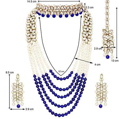 Aheli Wedding Party Wear Bridal Jewellery Choker Long Pearl Necklace Earrings Maang Tikka Indian Traditional Set Gift for Women - color: Blue