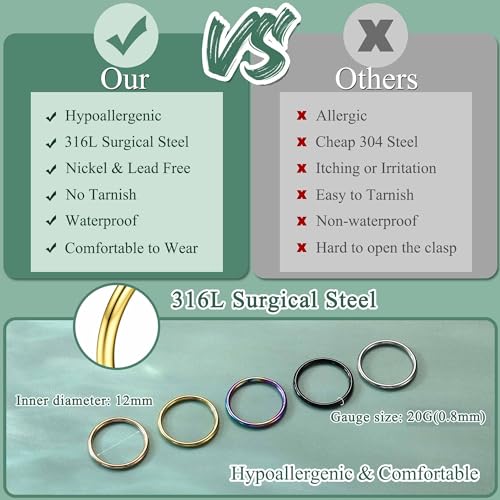 Jstyle 5Pcs 316L Surgical Steel Septum Rings Nose Rings Hoop 16G 18G 20G Hinged Clicker Hoop Nose Rings for Women Men Cartilage Hoop Earring Lip Helix Rook Tragus Conch Septum Nose Piercing Jewelry - style: 20G 12MM