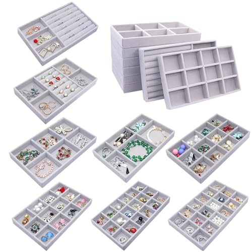 Earring Organizer 8 Stackable Jewelry Tray Drawer Removable Jewellry Storage Display Plate for Earring Rings Necklace Bracelet Watch with Removable Dividers - color: GREY, size: Large