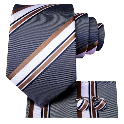 Dubulle Mens Paisley Striped Tie Woven Necktie for Men and Handkerchief Cufflinks Set Wedding Formal Business - color: Brown Blue