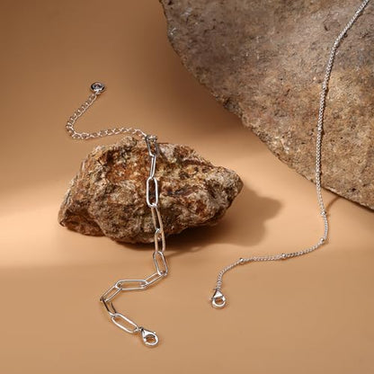 MILACOLATO 925 Sterling Silver Clasp Paperclip Chain Bracelets for Women | 14K White Gold Plated Adjustable Bracelets, Dainty Stackable Layered Satellite Beads Evil Eye Infinity Bracelets Jewelry Gift - color: Paperclip Chain + Satellite Chain