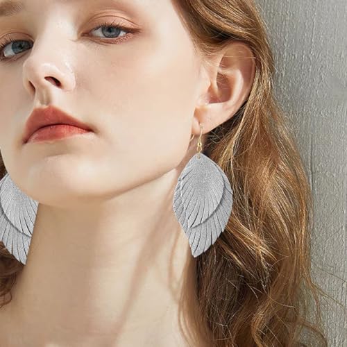 Genuine Leather Handmade Fringe Feather Lightweight Dangle Drop Earrings Teardrop Tassel Hook Earrings for Women - style: 3 Off White