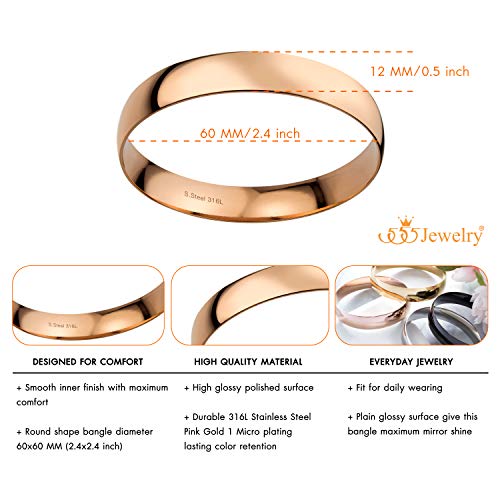 555Jewelry 12mm Wide Stainless Steel Solid Slip On Bangle Bracelet for Women With Small Wrist - color: Rose Gold (Small)