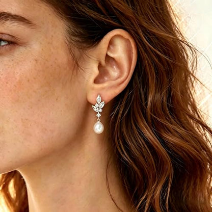 Pearl Earrings for Women, 14k Gold Plated Trendy Diamond Pearl Drop Earrings Hypoallergenic Dainty Bridal Gifts Wedding jewelry for Women - color: Silver-Pearl Style F