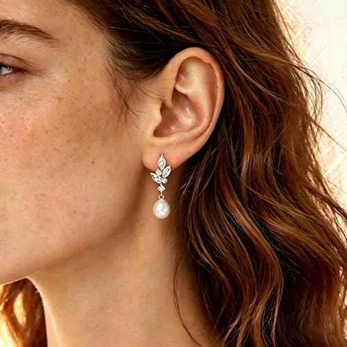 Pearl Earrings for Women, 14k Gold Plated Trendy Diamond Pearl Drop Earrings Hypoallergenic Dainty Bridal Gifts Wedding jewelry for Women - color: Silver-Pearl Style F