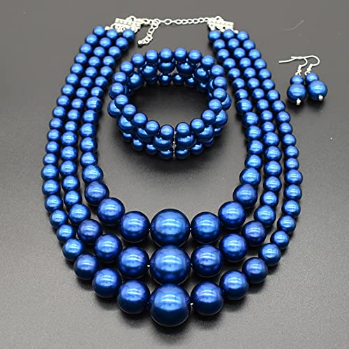 Big Chunky Pearl Necklace and Earrings Set Large Costume 1920s Faux Pearls Gatsby Accessories - color: A-royal blue