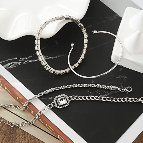 4 Pcs Dainty Gold Silver Bracelets Set for Women 14K Plated Link Cubic Zirconia Paperclip Stake Layering Chain Adjustable Trendy Hand Jewelry - color: Silver