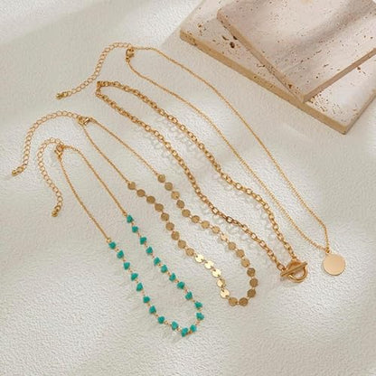 Dainty Layered Choker Necklace Bohemian Turquoise Necklace 14K Gold Plated Dainty Y Pendant Necklace Beach Fashion Pendant Choker - color: Gold-E