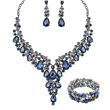CSY Elegant Crystal Costume Jewelry Sets Flower Bridal Necklace Earrings Stretch Bangle Set for Bride Bridesmaid Wedding Dress Accessories - color: navy blue crystal