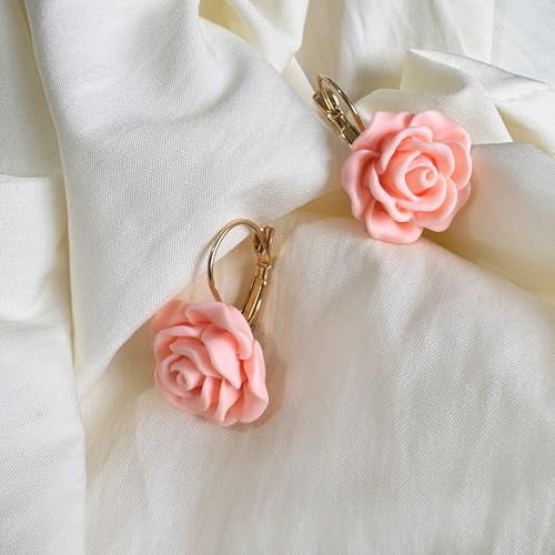Handmade Bohemian Aesthetic Dainty Acrylic Flower Petal Leverback Earrings Sparkly 14K Gold Floral Dangle Drop Earrings for Women - color: Orange Pink