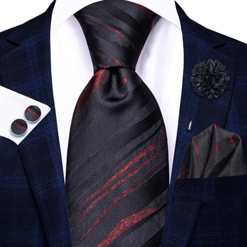 Hi-Tie Men's Silk Ties Formal Woven Classic Necktie Pocket Square Cufflinks Lapel Pin Set Wedding Business - color: Black and Burgundy