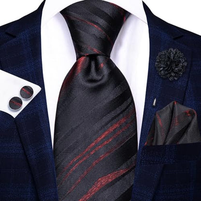 Hi-Tie Men's Silk Ties Formal Woven Classic Necktie Pocket Square Cufflinks Lapel Pin Set Wedding Business - color: Black and Burgundy