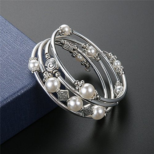 Beaded Pearl Bangle Wrap Bracelet - Fashion Bohemian Jewelry Multilayer Charm Bracelet with Thick Silver Metal Beads, Gift For Women - color: White